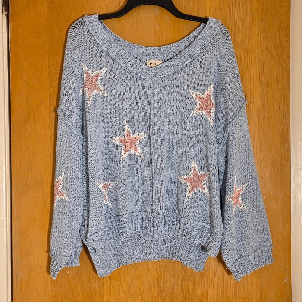POL Anthropologie Icy Blue Star Print Oversized Mesh Knit Sweater Womens M Boho